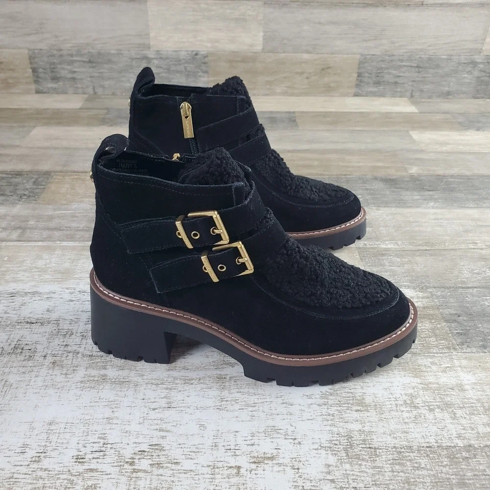 Vince‎ Camuto Destonny Cozy Womens Booties Sz 7 M Black Suede Buckle Block Heel